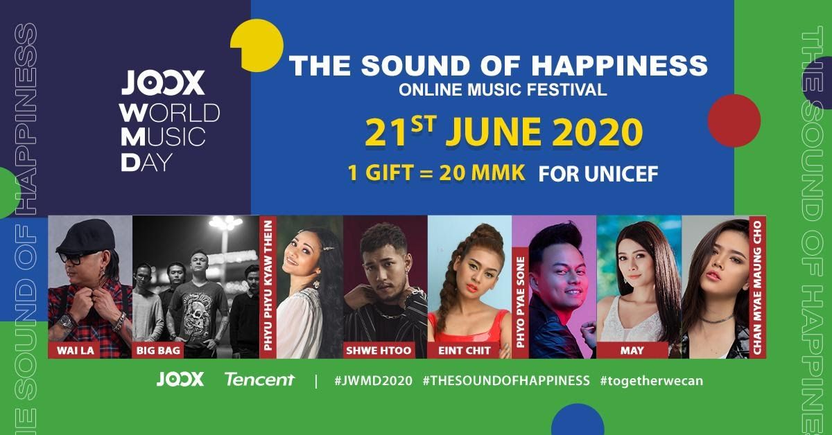 JOOX မှ World Music Day ဂီတပွဲတော်ကို ပြည်တွင်း၊ ပြည်ပ အနုပညာရှင်များနှင့်အတူ JOOX အက်ပလီကေးရှင်းမှ တစ်ဆင့် တိုက်ရိုက်ထုတ်လွှင့်တင်ဆက်သွားမည်ဖြစ်ပြီး COVID-19 ရန်ပုံငွေအတွက်လည်း လွယ်ကူစွာ ပါဝင်လှူဒါန်းနိုင်မည်ဖြစ်