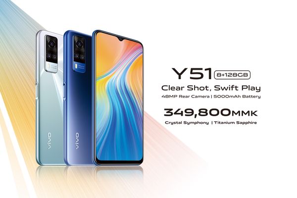 vivo မှ 8GB RAM + 128GB ROM၊ နောက်ကင်မရာ 48MP နှင့် 5000mAh ရှိ ဘက်ထရီအကြီးစားပါဝင်ပြီး ကင်မရာရိုက်ချက်ကြည်လင်ပြတ်သားပြီး မြန်ဆန်ချောမွေ့စွာစွမ်းဆောင်နိုင်မည့် Y51 စမတ်ဖုန်းသစ်အား မိတ်ဆက်